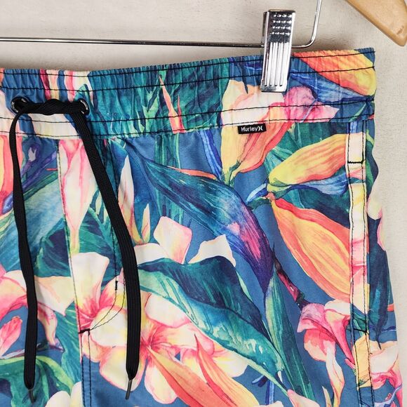 Hurley Board Shorts Men L Tropical Print Blue Pink Swim Trunks Pockets D7265-00 - Picture 3 of 7